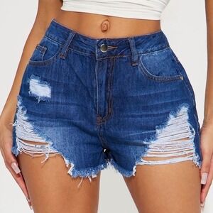 Fashion Nova Denim Shorts Distressed Ripped Frayed Hem Dark‎ Wash Cotton Short S